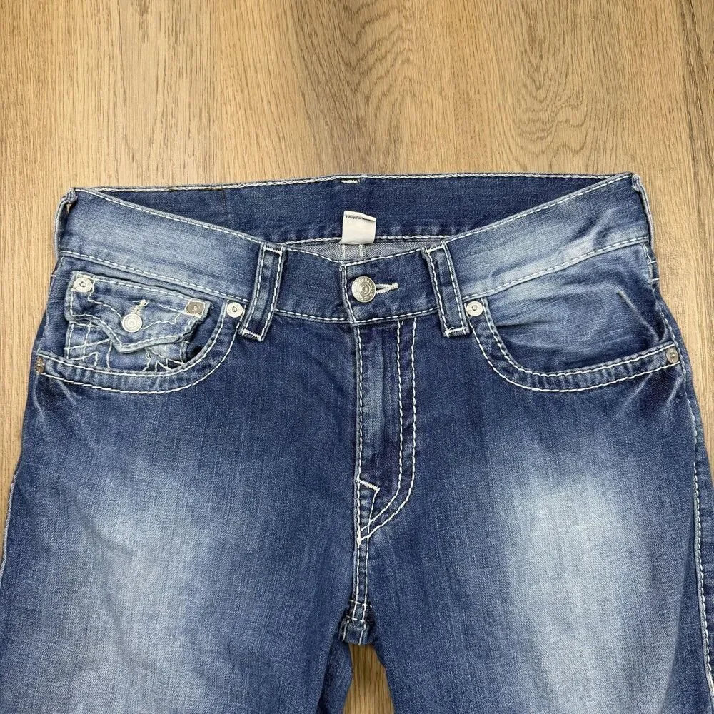 True Religion Jeans Mens 33x31 Blue Straight Flap Natural Big T Stitch Denim